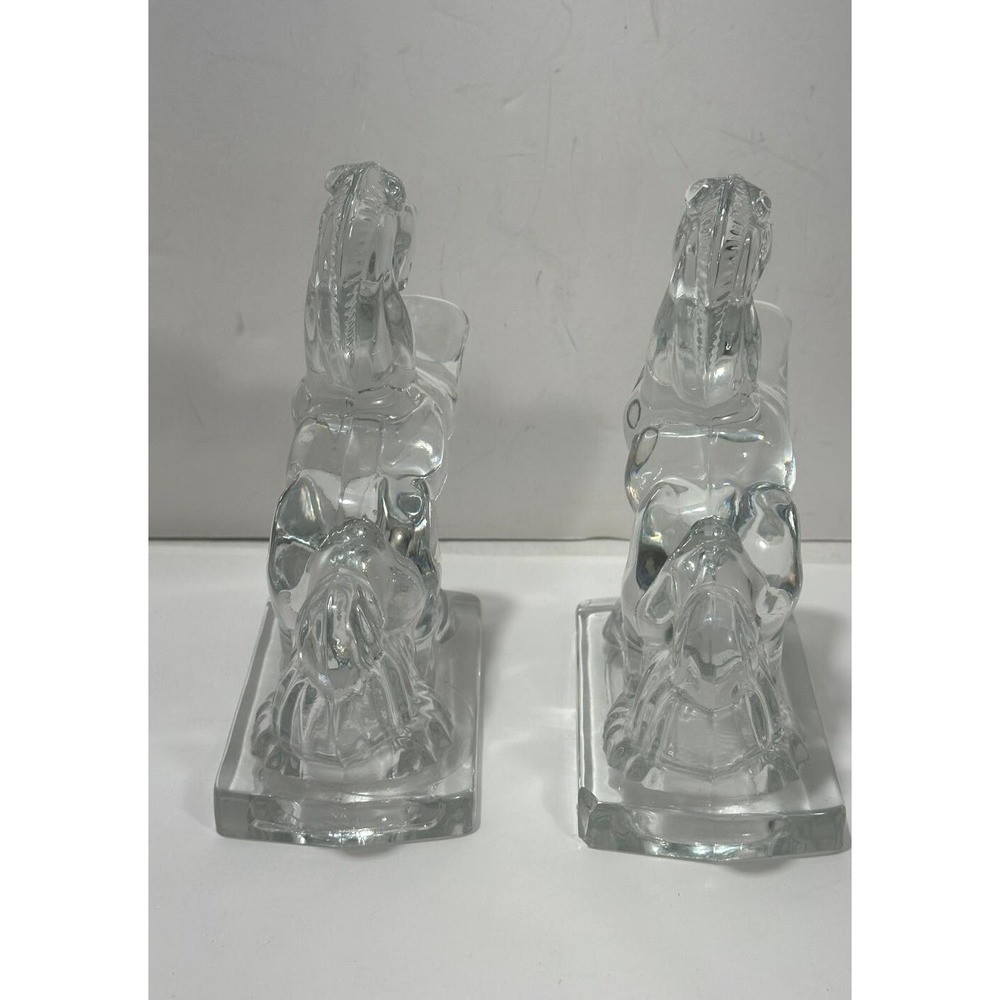 Vintage Clear Glass Pair of 8" HEAVY Rearing Horse Bookends - Picture 7 of 11